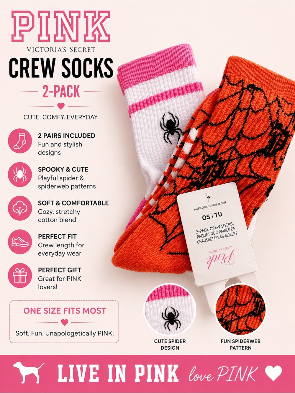 PINK Victoria's Secret Pink & Orange Spiderweb Crew Socks 2-Pack